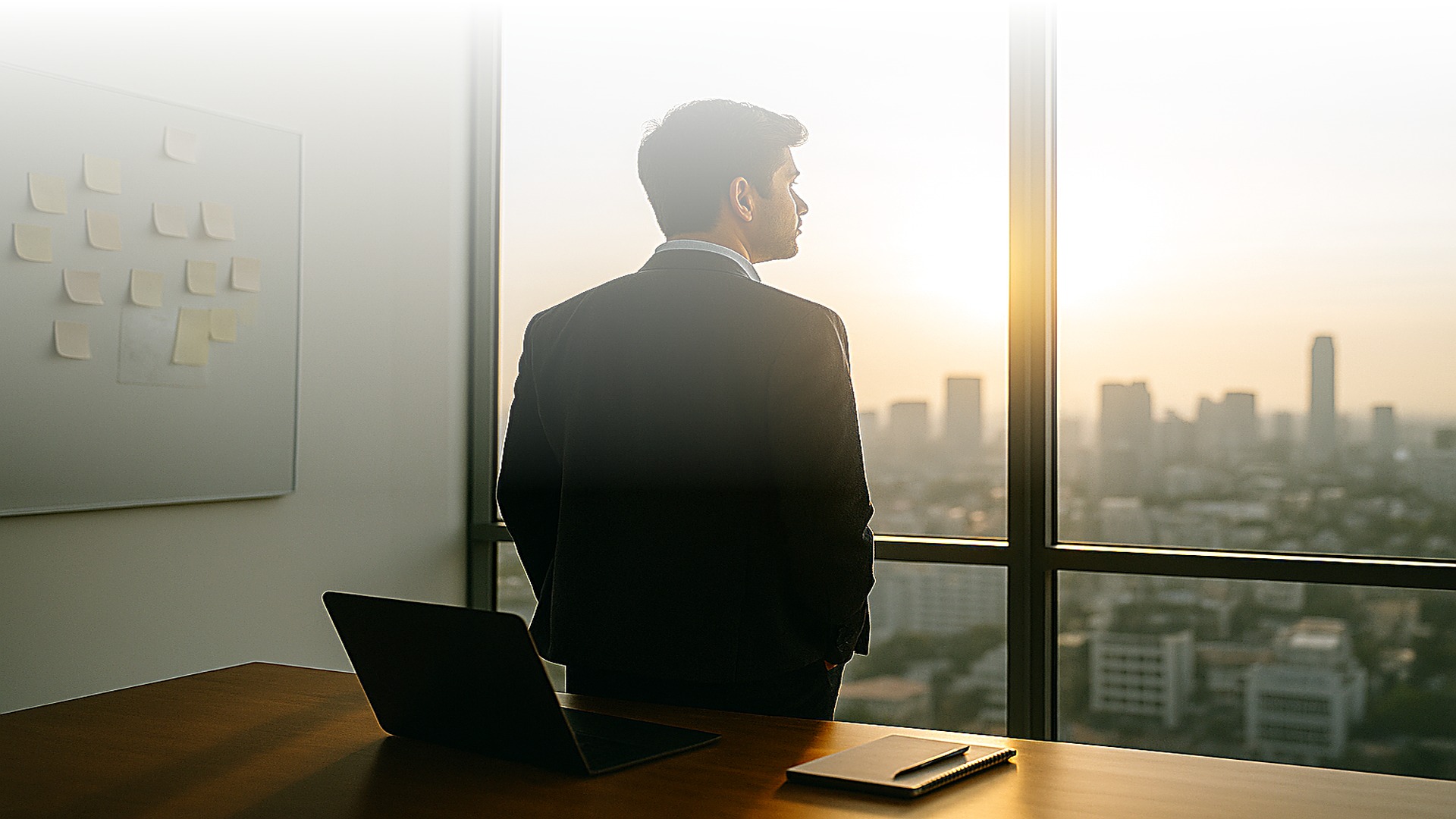 Leader reflecting over the city skyline